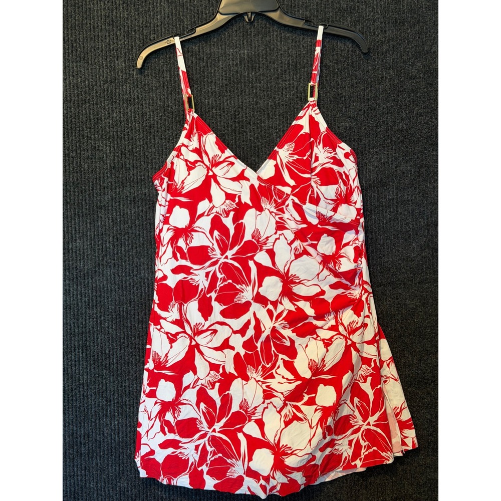 Liz Claiborne Red White Floral Swim Dress V-Neck Ruched Underwire Size 14